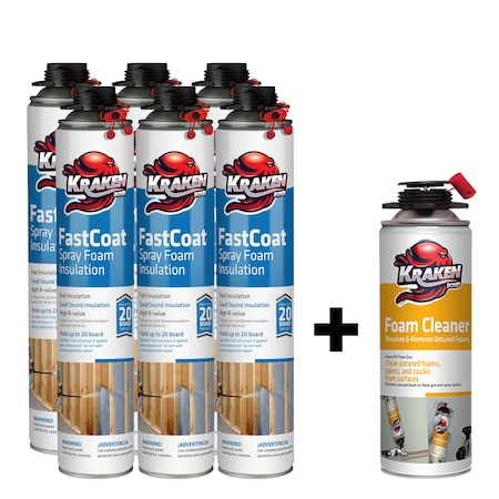 Krakenbond FastCoat Insulation Foam Spray, 27.1 Oz, 6 Gun Use Cans, 1 Spray Foam Cleaner, 7PK